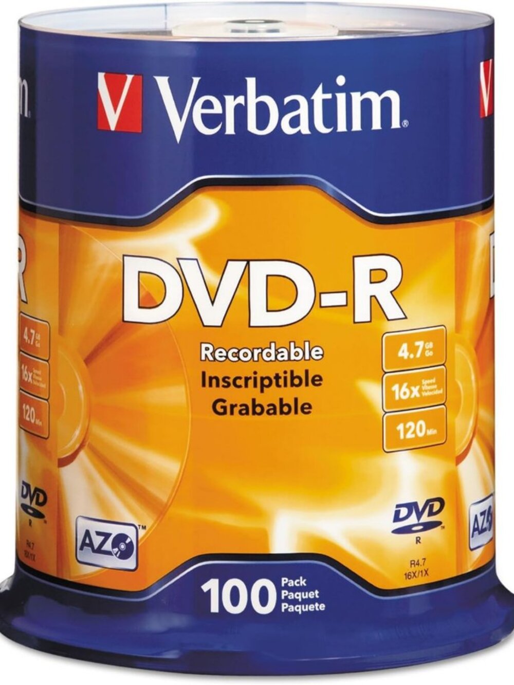 Verbatim DVD-R Blank Discs AZO Dye 4.7GB 16X Recordable Disc - 100 Pack